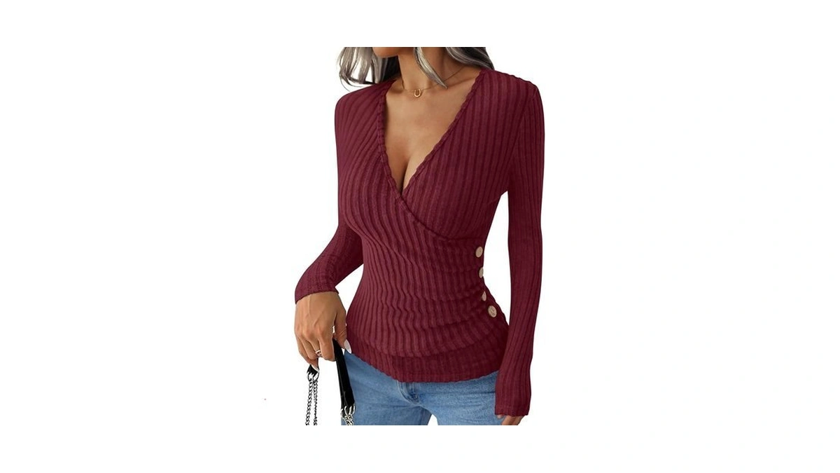 Anrabess Women Long Sleeve V Neck Shirts,burgundy,xs