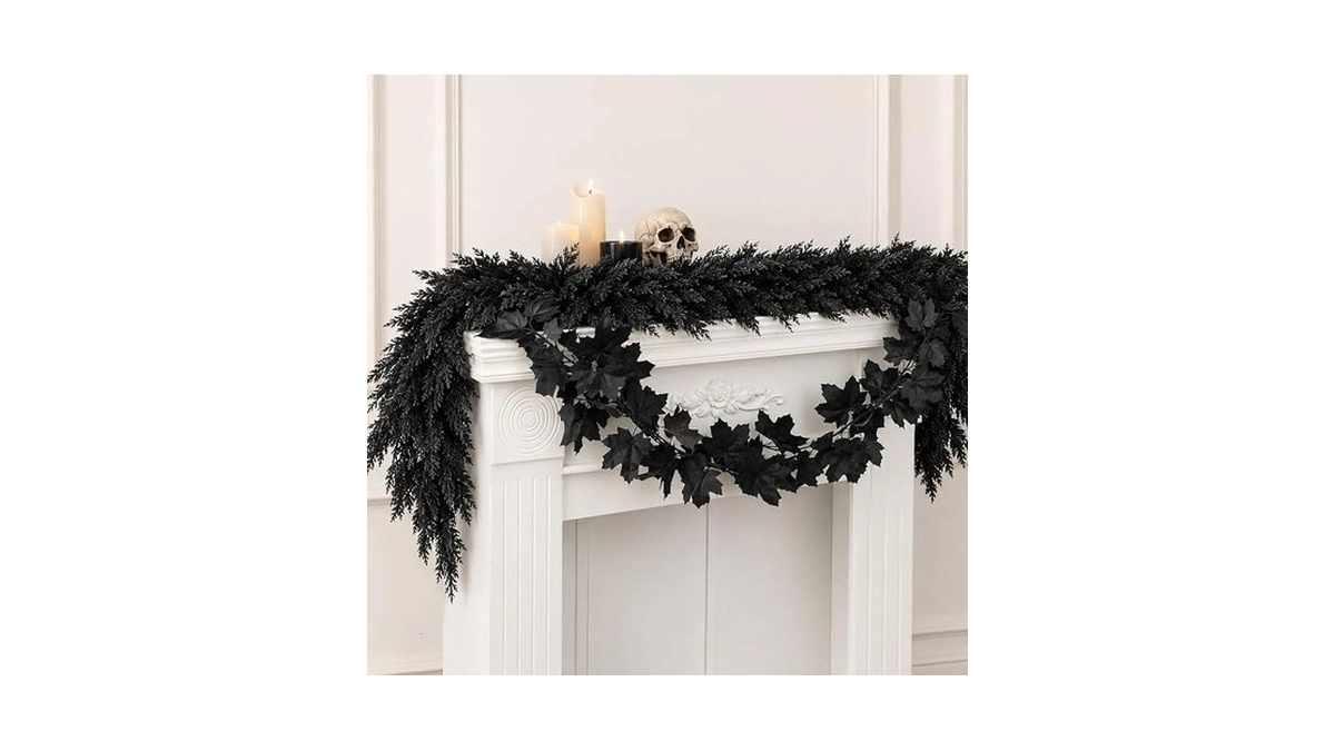 2 Pcs Black Halloween Cedar Garland With Maple Leaf Vine