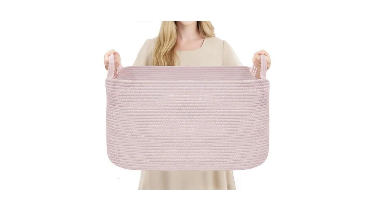 Youdenova Large Blanket Basket, Rectangle Cotton Rope Storage Basket, Pink