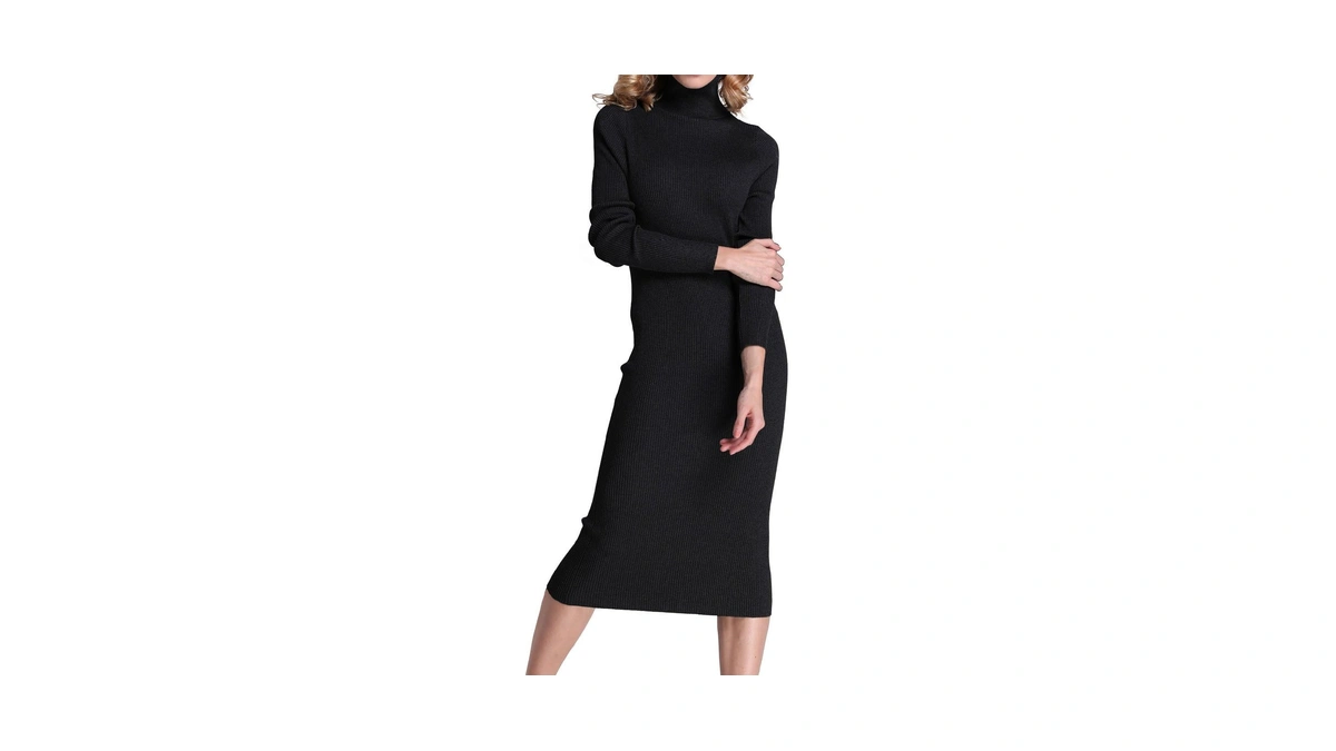 Rocorose Women's Turtleneck Ribbed Elbow Long Sleeve Knit Sweater Dress