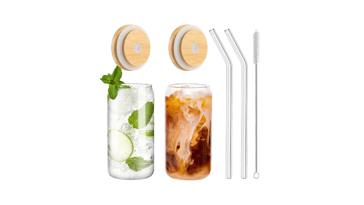 Wisimmall Drinking Glasses With Bamboo Lids And Glass Straw 2pcs