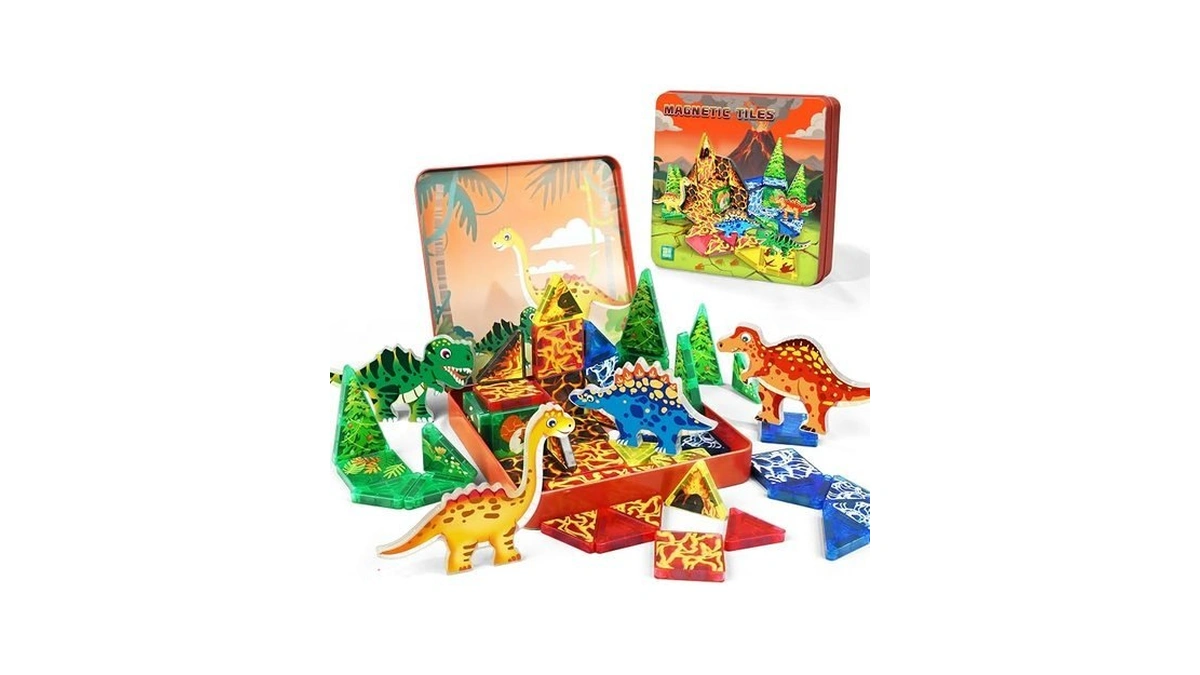 Urrluna Magnetic Tiles For Kids, 48pcs Dinosaur World Building Blocks