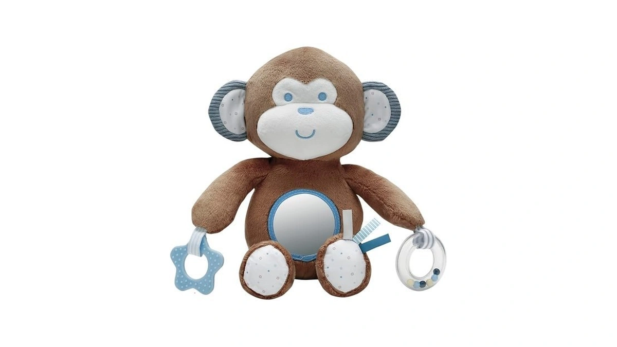 Plush 12.5 Inch Monkey Interactive Toy With Baby Mirror, Teether,
