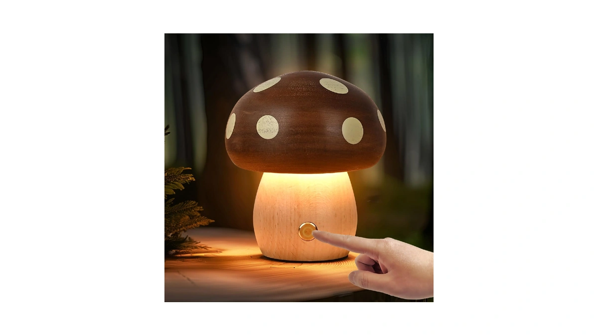 Moroommt Wood Mushroom Lamp, Rechargeable Small Bedside Lamp, Touch Mushroom
