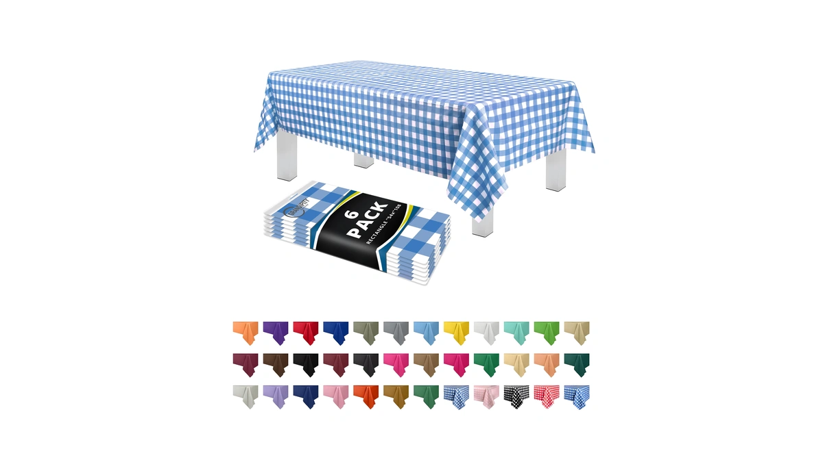 Grandipity Blue Gingham Checkered Plastic Table Cloth Disposable (6 Pk)