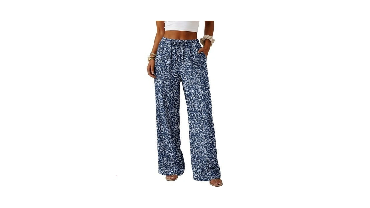 Lepunuo Womens Wide Leg Pants Blue White Flower - Flowy