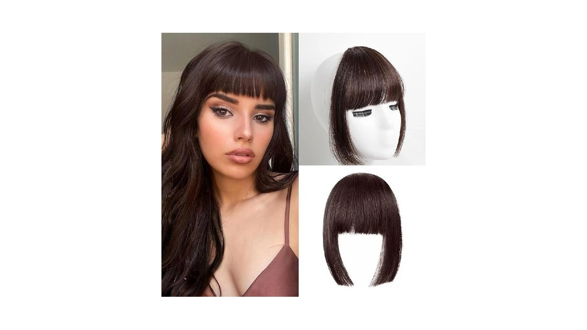 Amazon code: Vavanga Hair Bangs Clip In, Dark Brown W