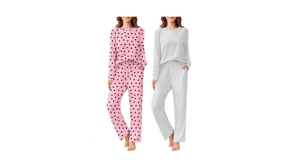 Ekouaer 2 Pack Women Pajama Sets Long Sleeve Sleepwear Soft