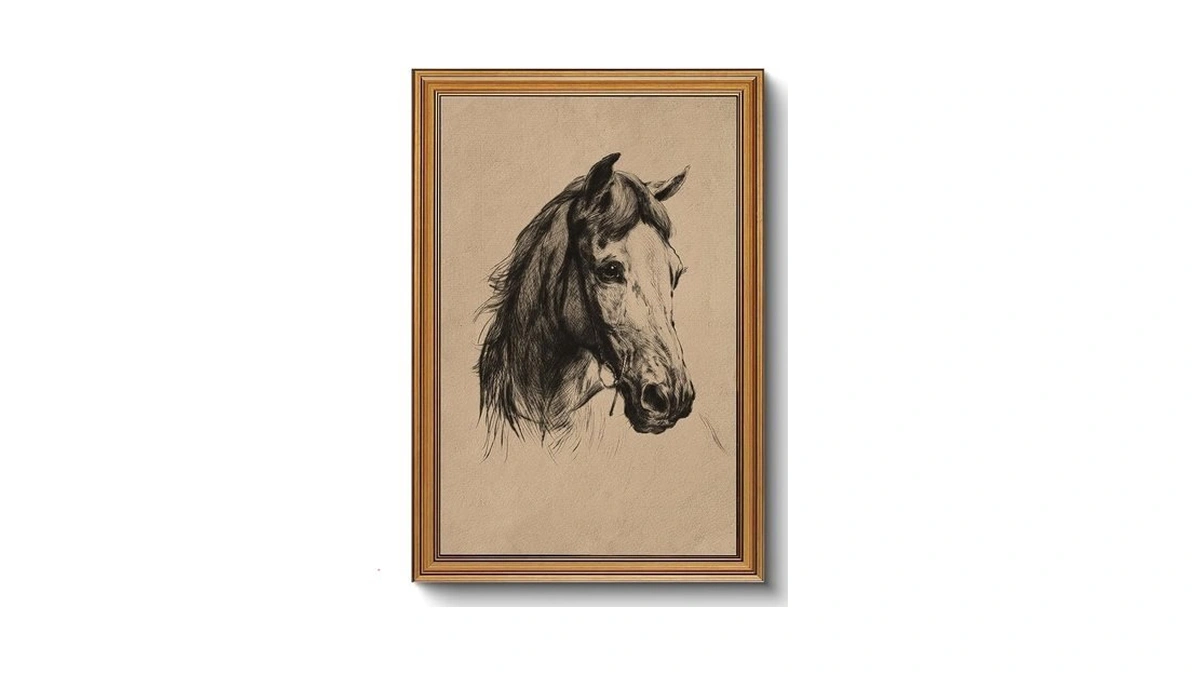 Gold Framed Wall Art Vintage Horse Head Sketch Canvas Prints