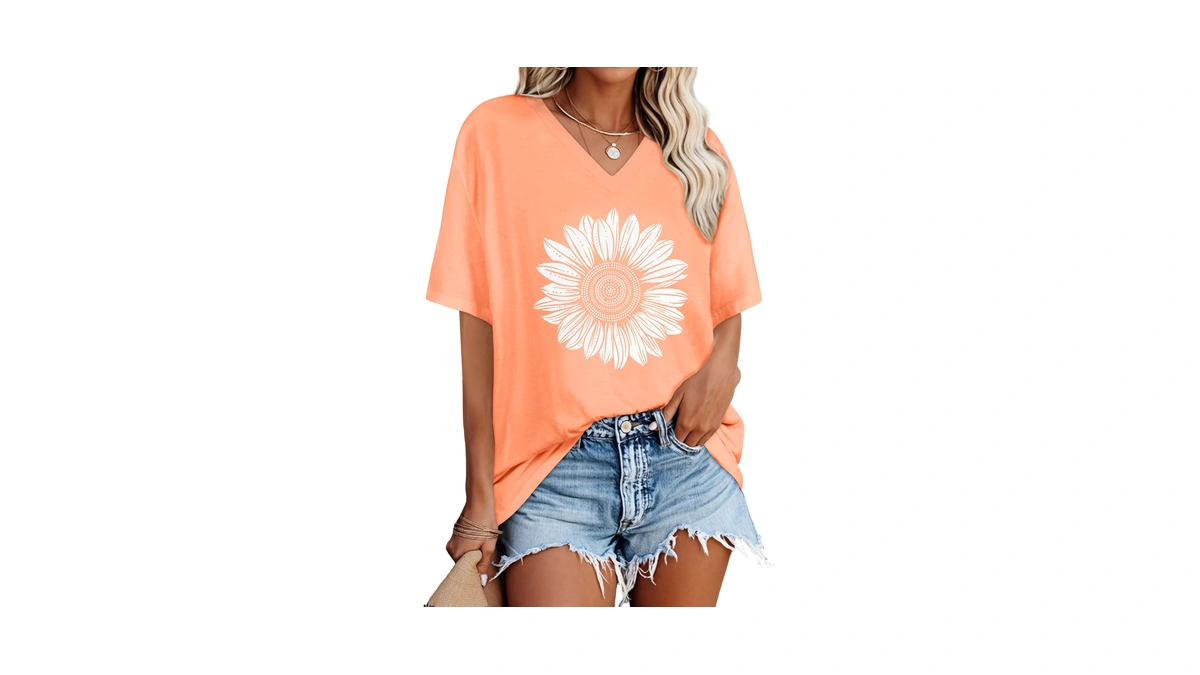 Oversized Tshirts For Women V Neck Summer Tops, Orange White