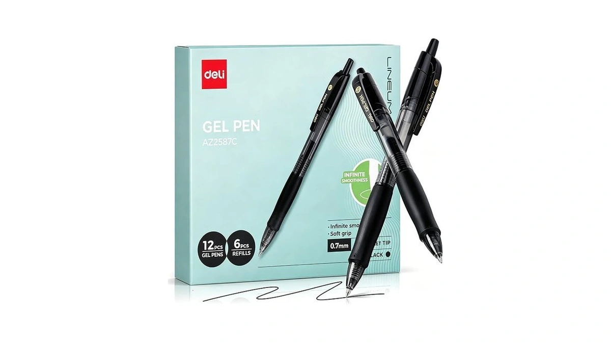Deli Gel Pens, Retractable 0.7mm Black Ink Pens, 12 Pcs