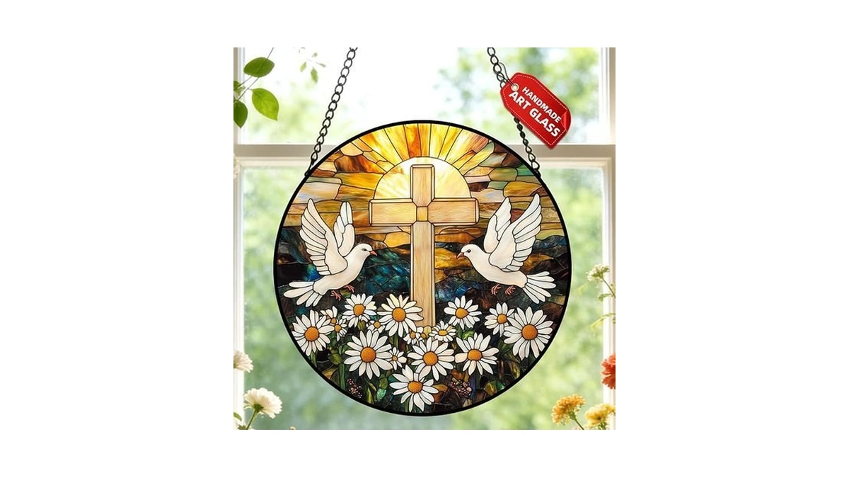 Cross Dove Stained Glass Sun Catcher Christian Window Hanging Gift