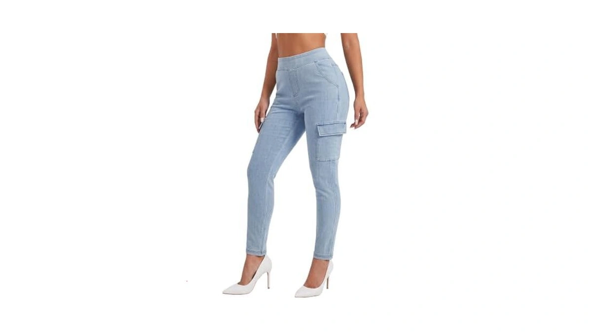 Fisoew Womens Skinny Cargo Jeans High Waisted Denim Pants Flap