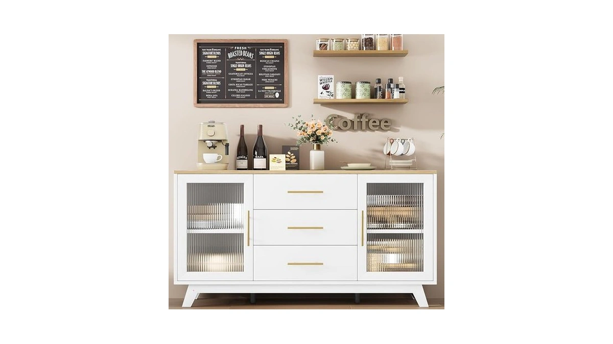 Garveehome 56 Inch Buffet Cabinet Sideboard With Fluted Glass Doors