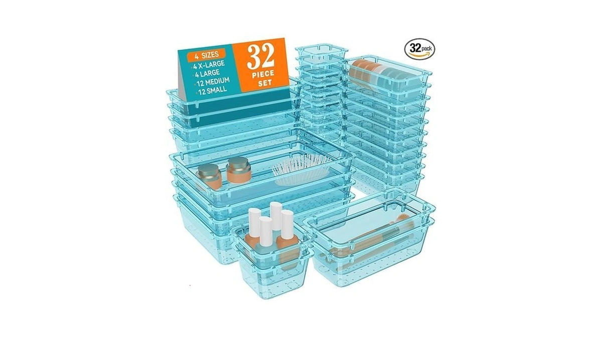 Wowbox 32 Pcs Plastic Drawer Organizer Set, 4 Sizes Desk