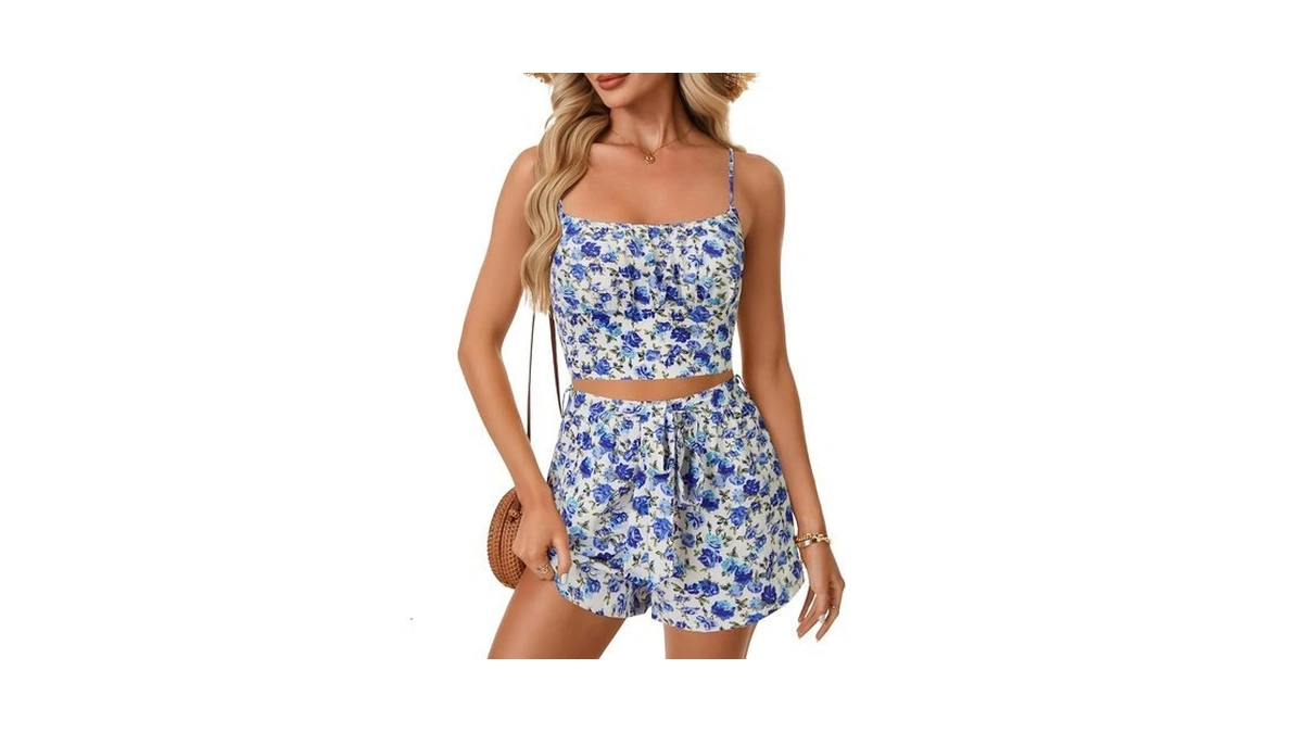 Vrtige Women's Two Piece Outfit Floral Print Crop Cami Top