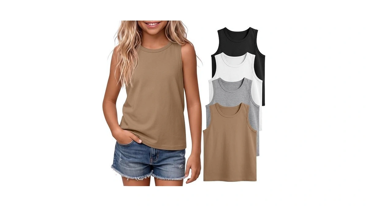 Vinsatin 4 Pack Girls Athletic Loose Tank Tops, 4-color, 11-12
