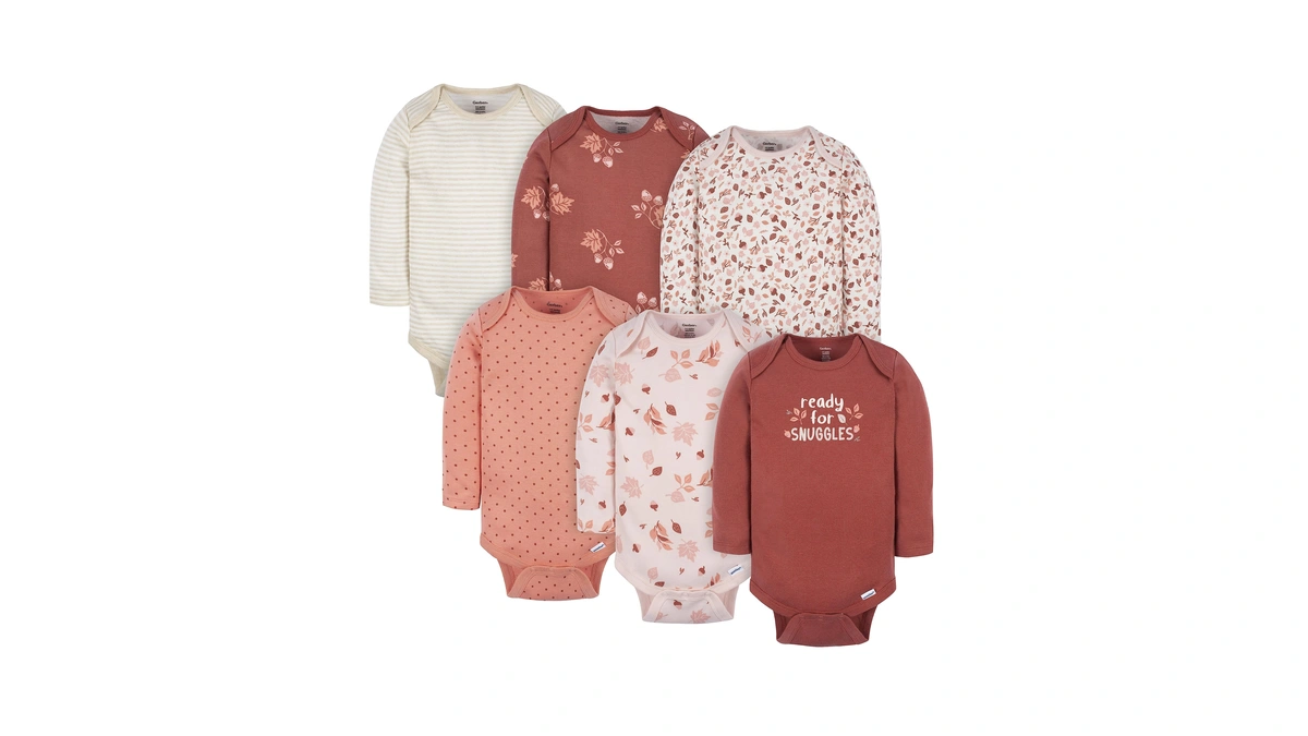 Gerber Baby Girls 6-pack Long-sleeve Onesies Bodysuits, Leaves, 0-3 Months