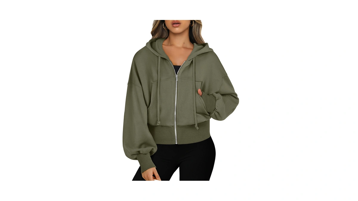 Anrabess Women's Zip Up Hoodie Cropped Sweatshirt Army Green Large