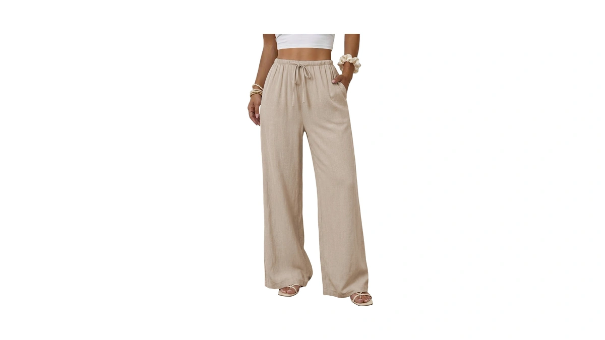 Duyang Womens Cotton Linen Palazzo Pants Drawstring Elastic Waist Casual