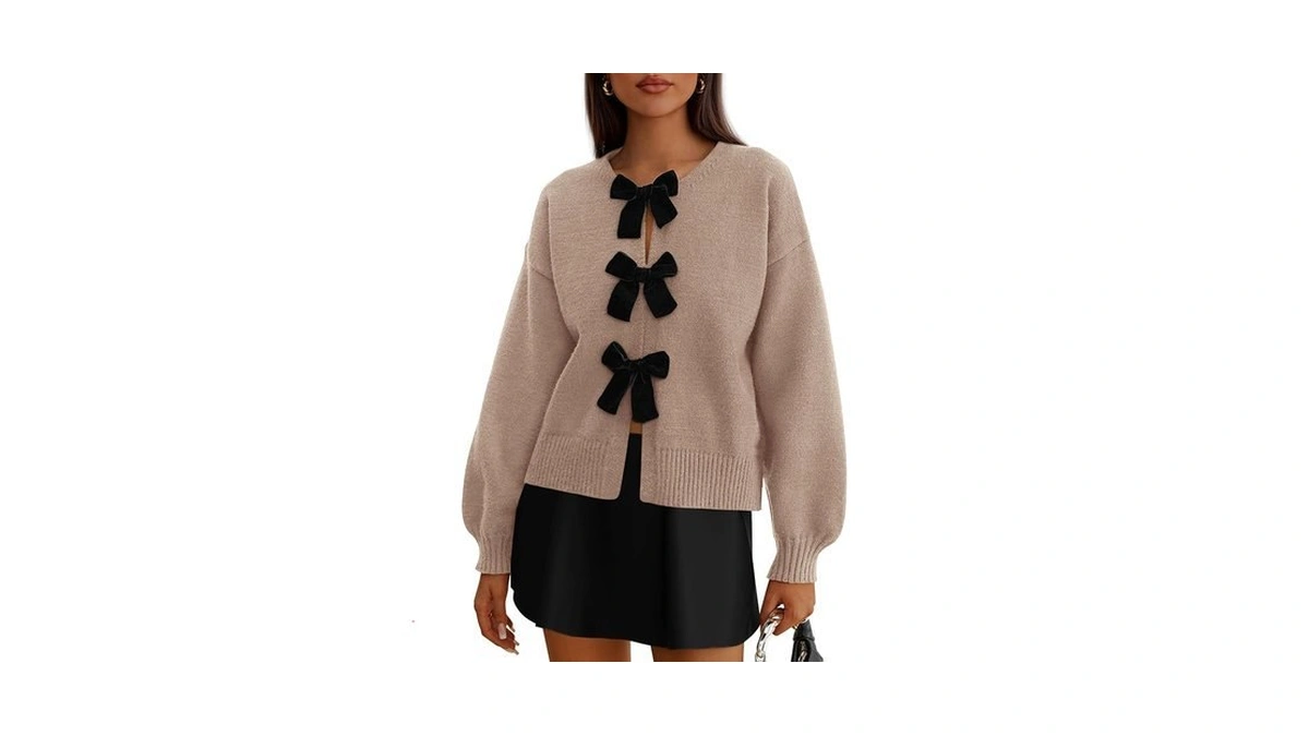 Prettygarden Women's Fall Bow Tie Front Cardigan Sweaters,khaki,l