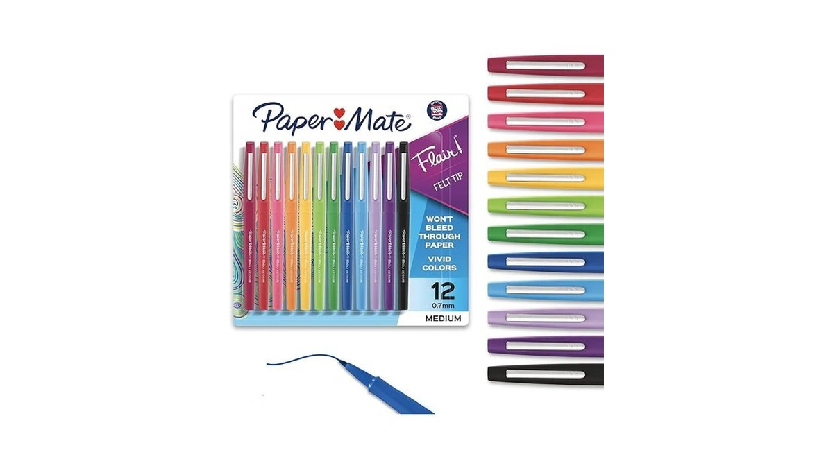 Paper Mate Flair Felt Tip Pens, Medium Point (0.7mm), 12