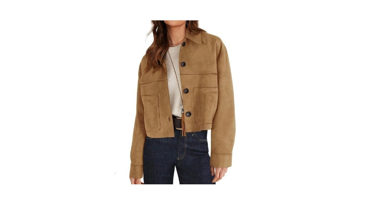 Prettygarden Women's Faux Suede Lightweight Cropped Jacket, Khaki,l