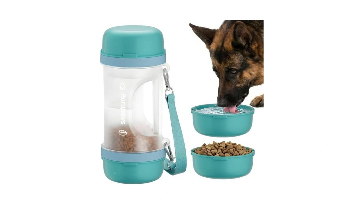 Aurapaws 33.5oz Dog Water Bottle Portable With Food Container &