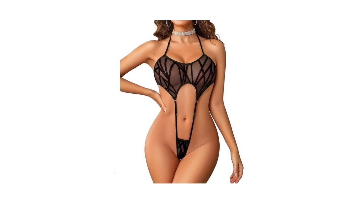 Avidlove Mesh Bodysuit For Women One Piece Lingerie Geo Pattern-black