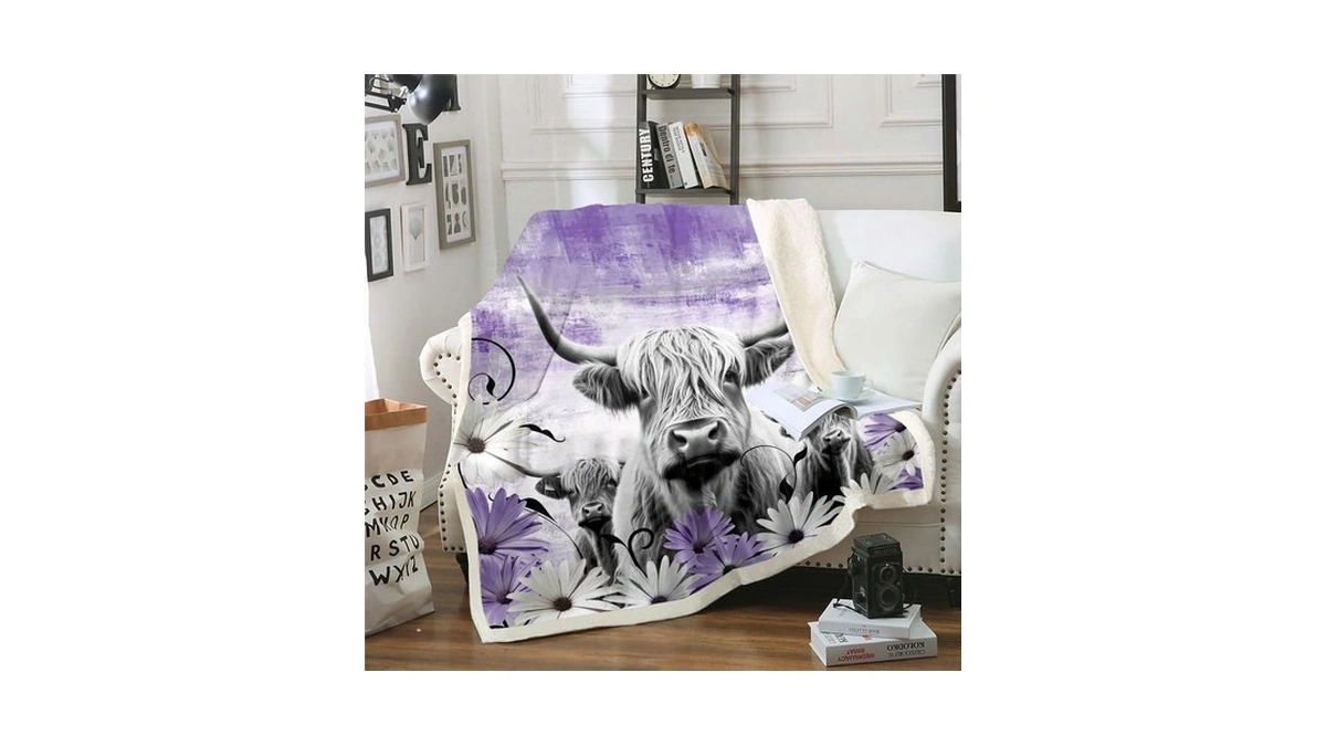 Erosebridal Highland Cow Print Blanket, Purple Western Farmhouse Throw, Longhorn