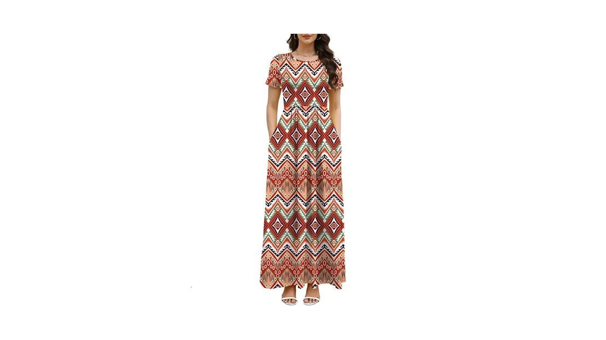 Cossen Women’s Crew Neck Short Sleeve Maxi Dress With Pockets