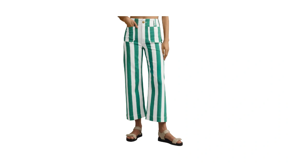 Tankaneo Womens Cropped Striped Jeans High Waisted Wide Leg Denim
