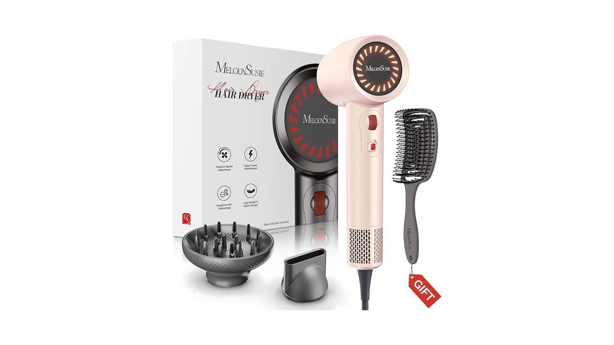 Melodysusie Hair Dryer With Diffuser,1600w Fast Drying Low Noise Ionic