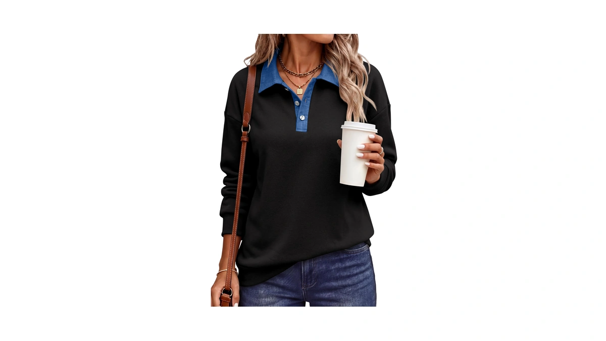 Anrabess Women's Quarter Button Long Sleeve Polo Sweatshirt,black,s