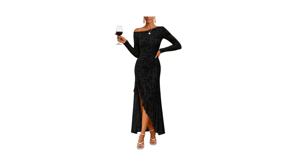 Caracilia Womens Fall Off Shoulder Long Sleeve Bodycon Black Floral