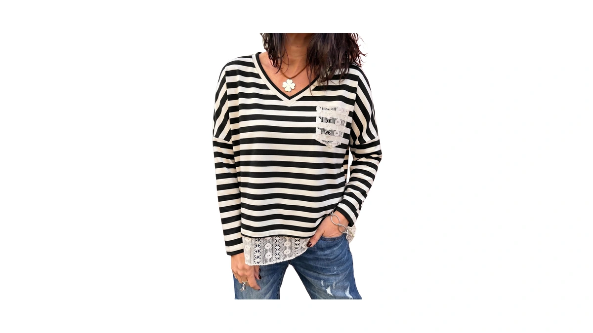 Lolong Womens Tops Striped Long Sleeve V Neck Crochet Hem