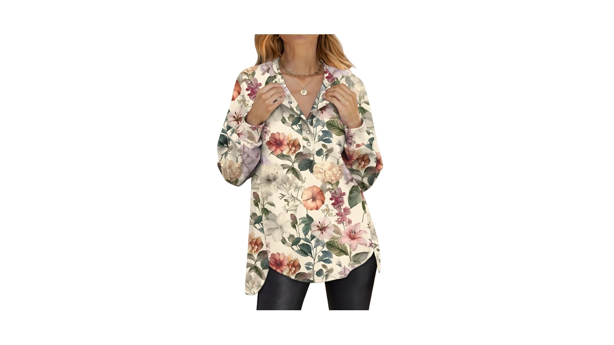 Anrabess Womens Oversized Printed Henley Neck Sweatshirt,beige Floral,s