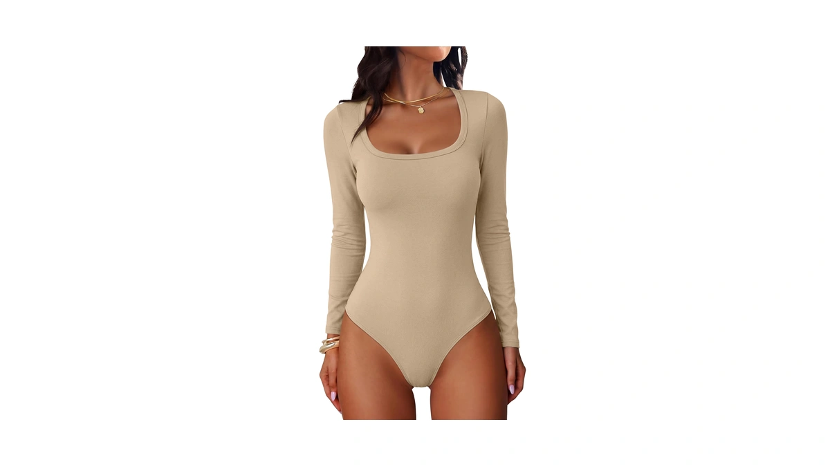 Anrabess Bodysuits For Women Long Sleeve Fleece Body Suits Beige