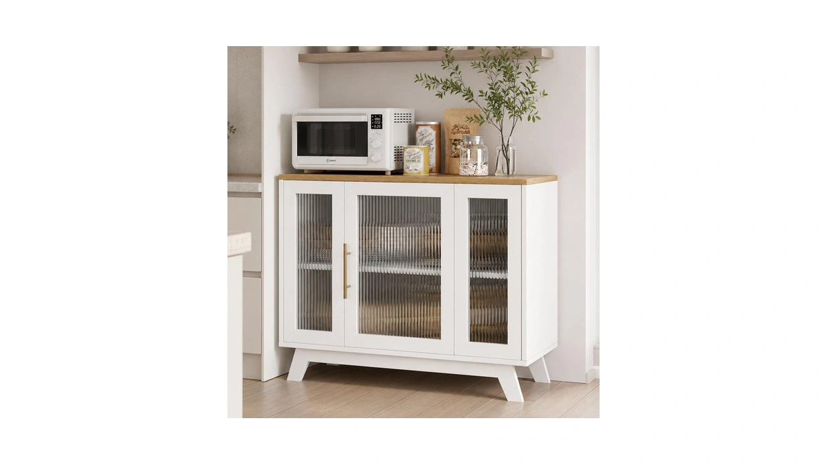 36" Modern Buffet Cabinet With Fluted Glass Doors & Gold