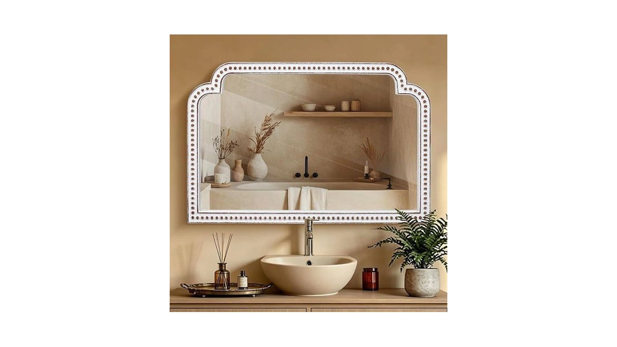 24x36 Inch Ornate Scalloped Arch Mirror, Wooden Antique Beaded Wall