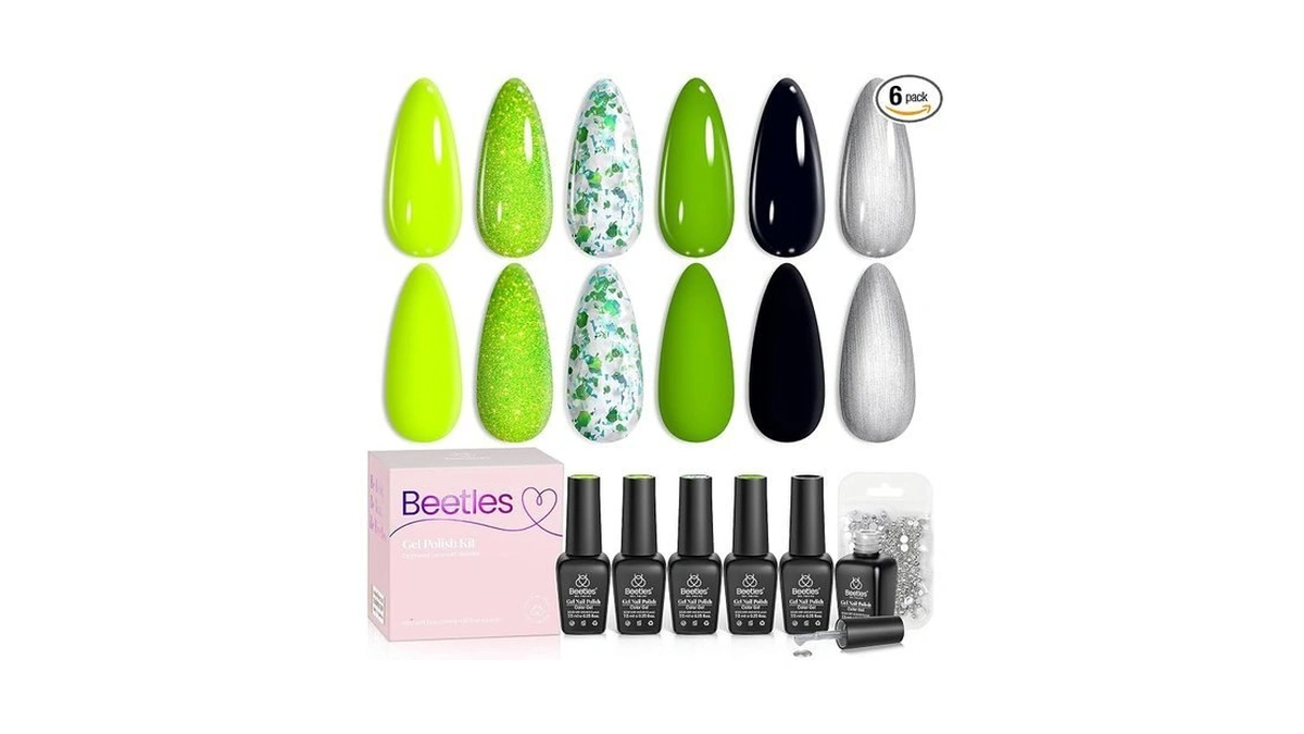 Beetles Neon Green Gel Nail Polish Set, 6 Color Glitter