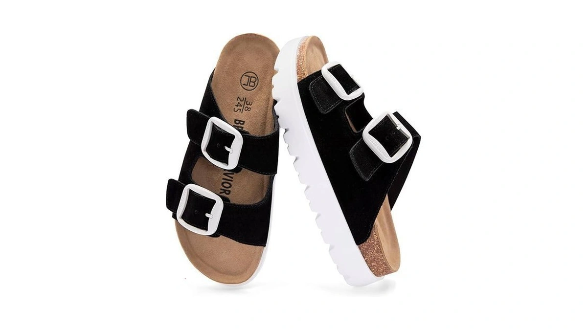 Women's Platform Leather Sandals Summer Slides With Adjustable Buckle