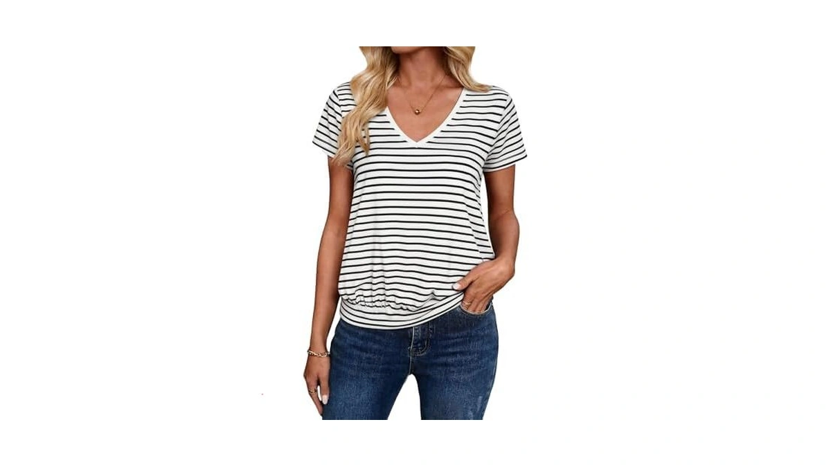Sialois Womens Clothes V Neck Banded Bottom Shirt Short Sleeve
