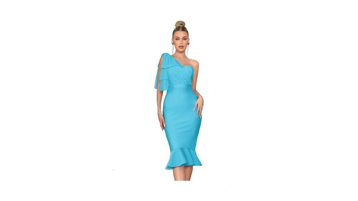 Mesh One Shoulder Bow Midi Dress Fishtail Bandage Cocktail Party
