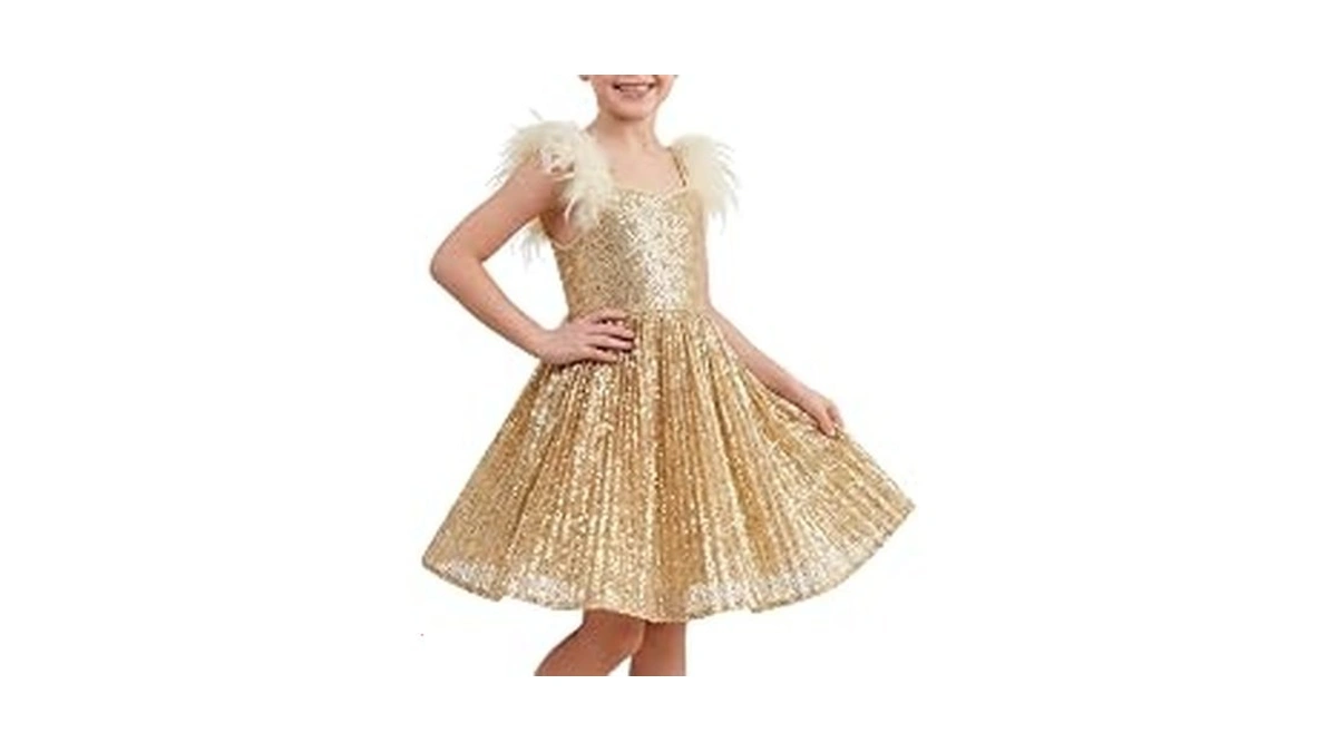 Welaken Girls Sparkly Sequin Dress Feather Strap Pleated Twirl Party