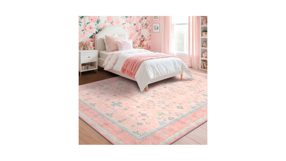 Pink Rugs For Bedroom Girls, 5x7 Washable Area Rug For