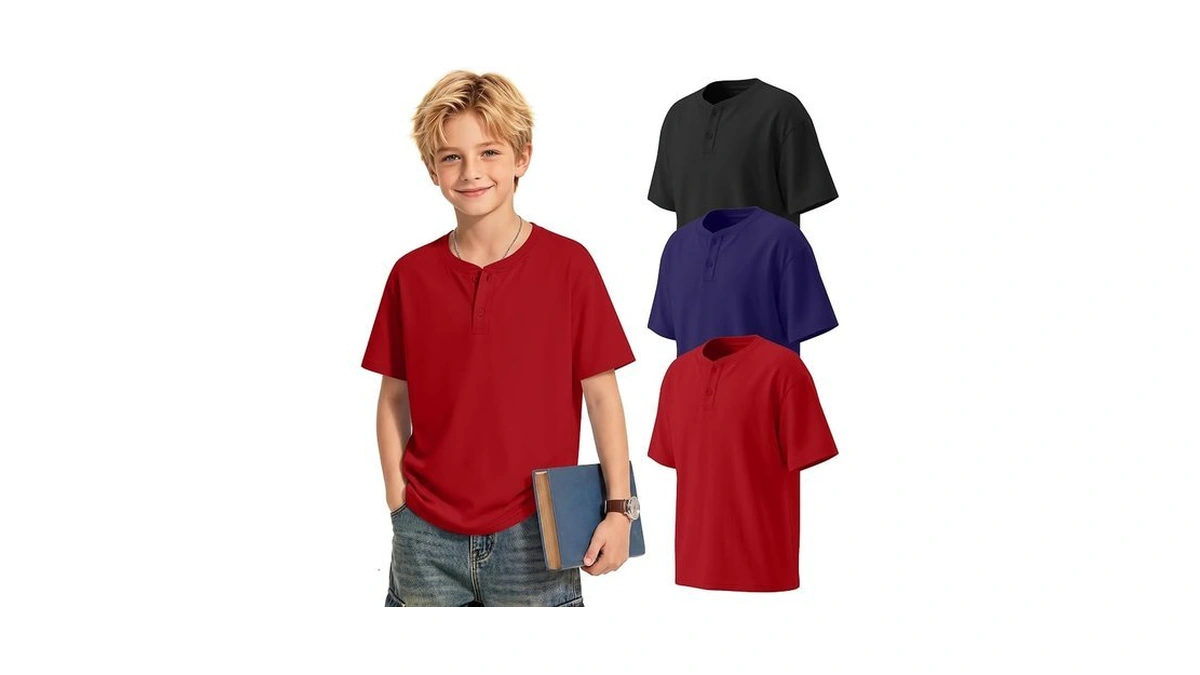 Mumucove 3 Pack Boys Henley Short Sleeve Shirts, 3-color, 11-12