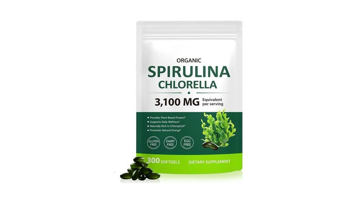 Tiuedu Spirulina Chlorella Softgels 300 Capsules, 17 In 1 Green