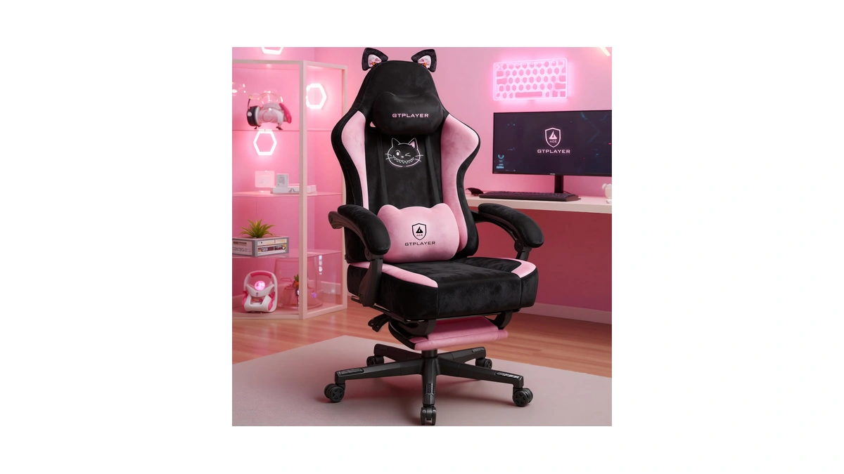 Gtplayer Pink Gaming Chair Cute With Cat Ears Ergonomic Computer