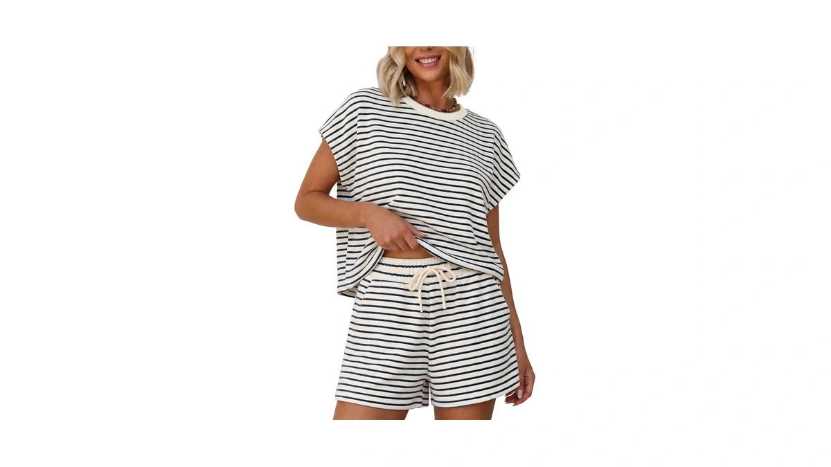 Sweetmoon Shorts Sets Women 2 Piece Outfits Casual, Black Striped